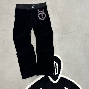 Juicy Couture Vintage Black Velour Track Pants Rhinestone Heart Logo Medium USA